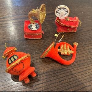 Vintage Flocked Red and Gold Musical Instrument Ornaments Set Hong Kong